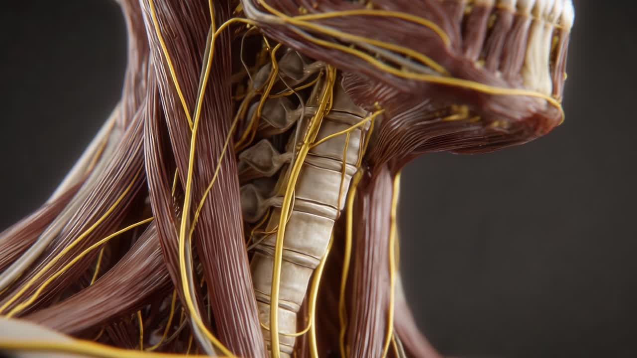 Detaljeret visualisering af menneskelig anatomi: Anatomisk struktur, der viser muskulatur og nervesystemets forbindelse i overkropsregionen.