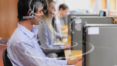 Animation-of-medical-data-processing-over-business-people-wearing-headsets