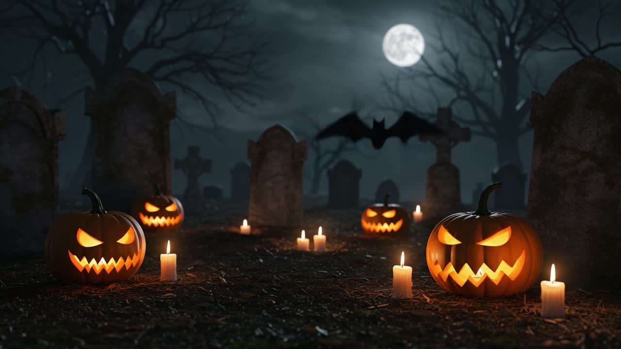 A Spooky Halloween Scene Featuring Glowing Jack-o'-Lanterns in a Graveyard Under the Moonlight, with Bats Flying and Flickering Candlelight Creating an Eerie Atmosphere