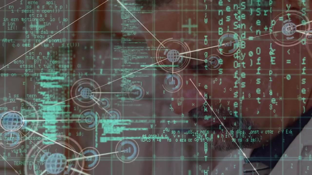 Animation of network of connections and data processing over caucasian male scientist in lab