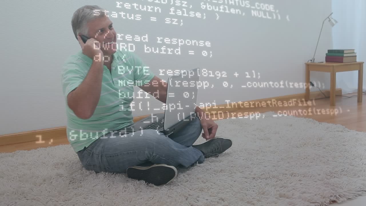 Animation of data processing over man using laptop and smartphone