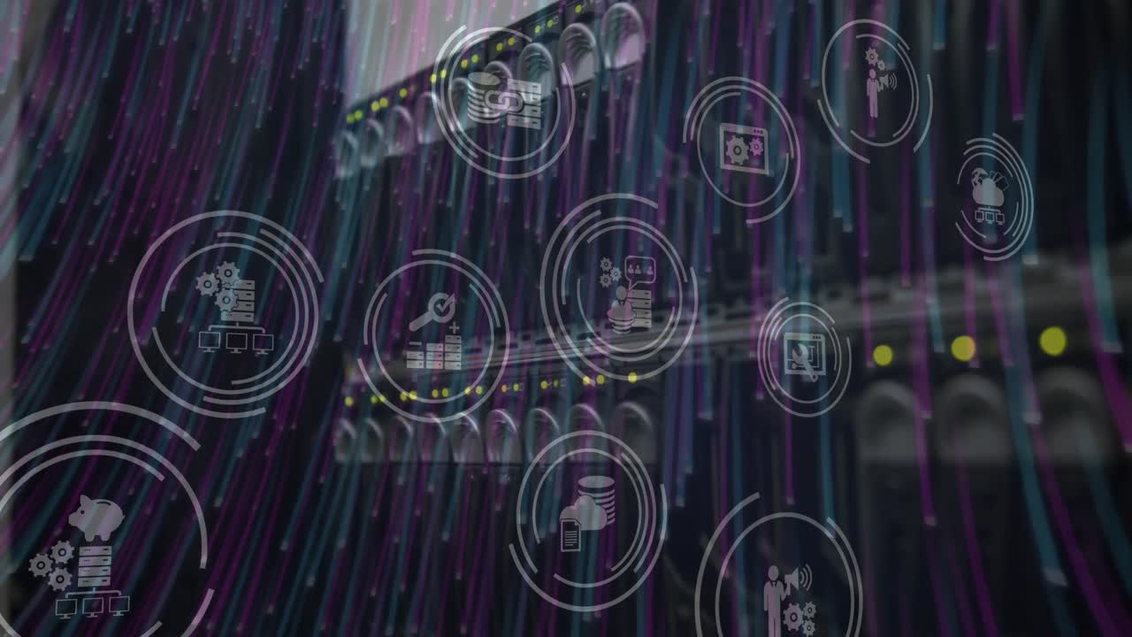 composición digital de iconos digitales y rastros de luz que se mueven contra el primer plano del servidor de computadora