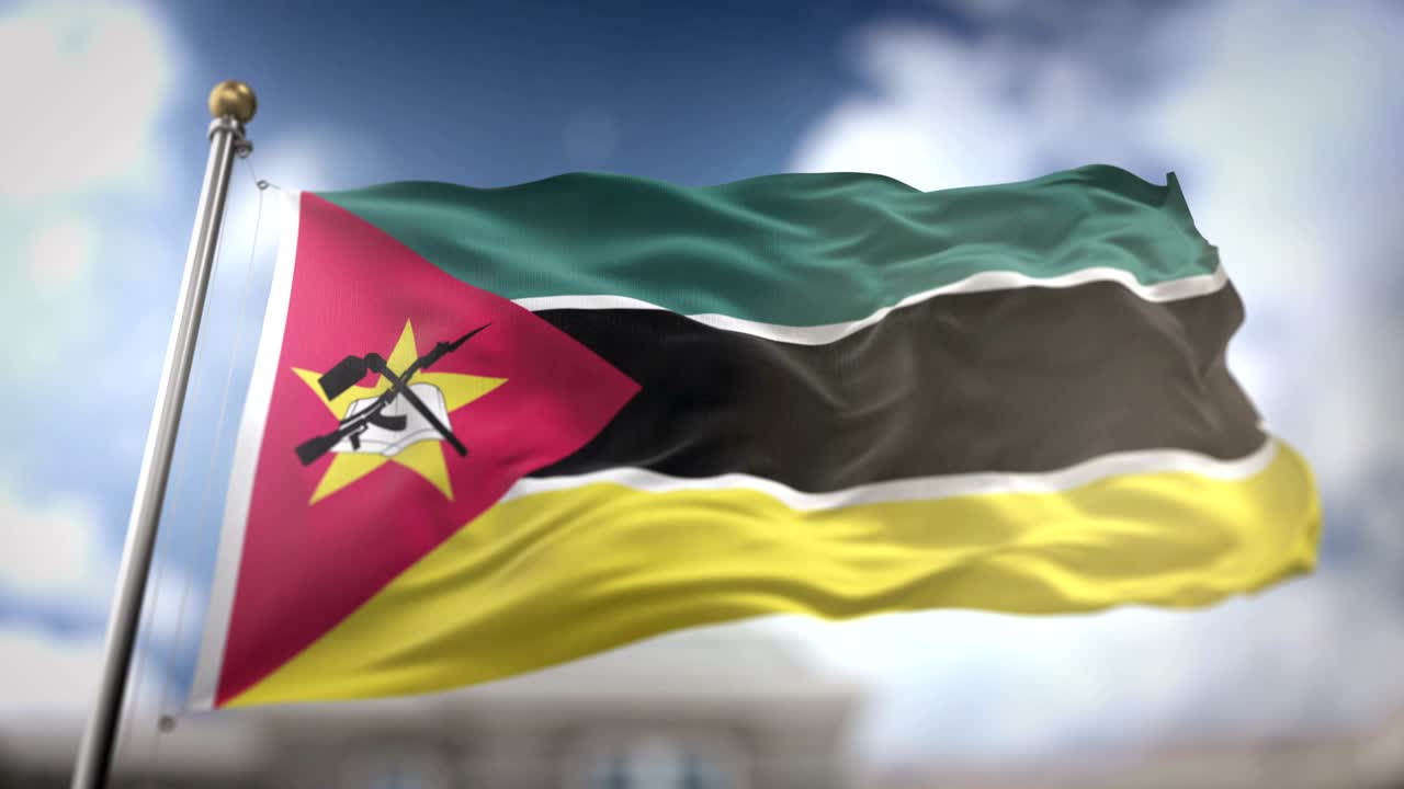 모잠비크 국기가 느린 동작으로 흔들리는 3d 렌더링 파란 하늘 배경 - 원활한 루프 4k