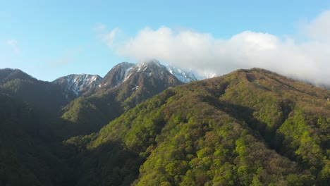 mt daisen and forests of tottori, tilt reveal establishing shot, japan