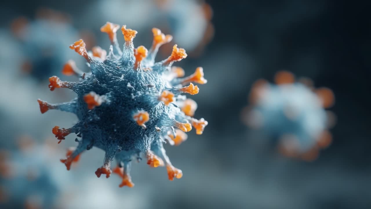 Mikroskopisk visning af en virus: Detaljeret billedmateriale, der viser strukturen og piggene på en viruspartikel med levende orange og blå farver under høj forstørrelse.