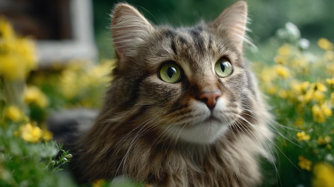 A Majestic Cat in a Vibrant Floral Garden: Captured Moments of Feline Curiosity and Beauty Amidst Nature's Blooms