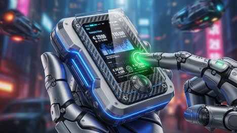 advanced technological interaction between a robotic hand and a cutting-edge device displaying real-time data in a futuristic cityscape