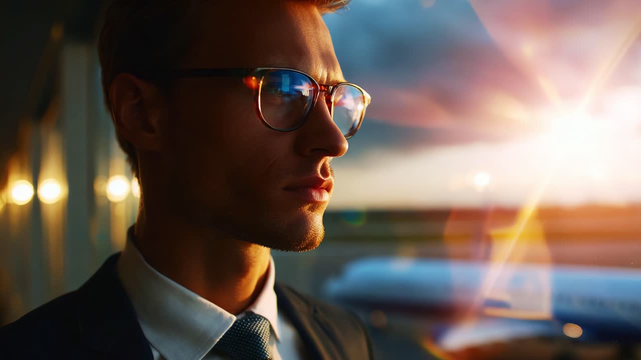 A contemplative moment captured in the serene atmosphere of twilight, showcasing a well-dressed individual gazing thoughtfully out a window amidst the reflective glow of evening light and an airport backdrop