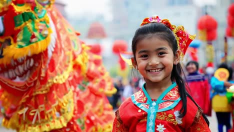 cheerful child in vibrant red traditional dress celebrating lunar new year with dragon dance performance in festive urban setting