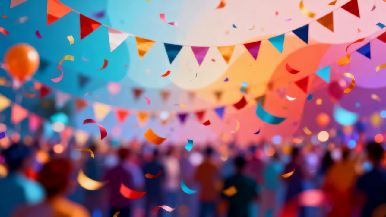 Telecamera in movimento che rivela una folla con magliette colorate a un festival, mostrando bandiere, coriandoli e palloncini.