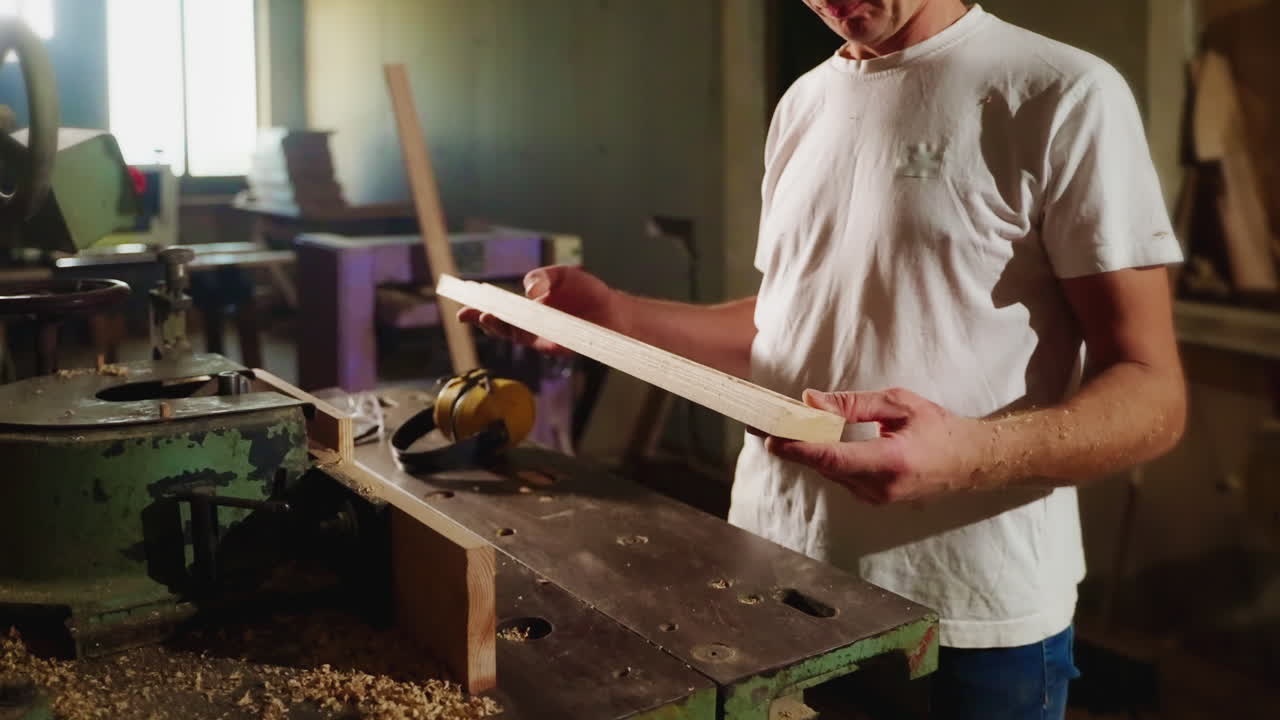carpintero inspeccionando la tabla de madera en el taller
