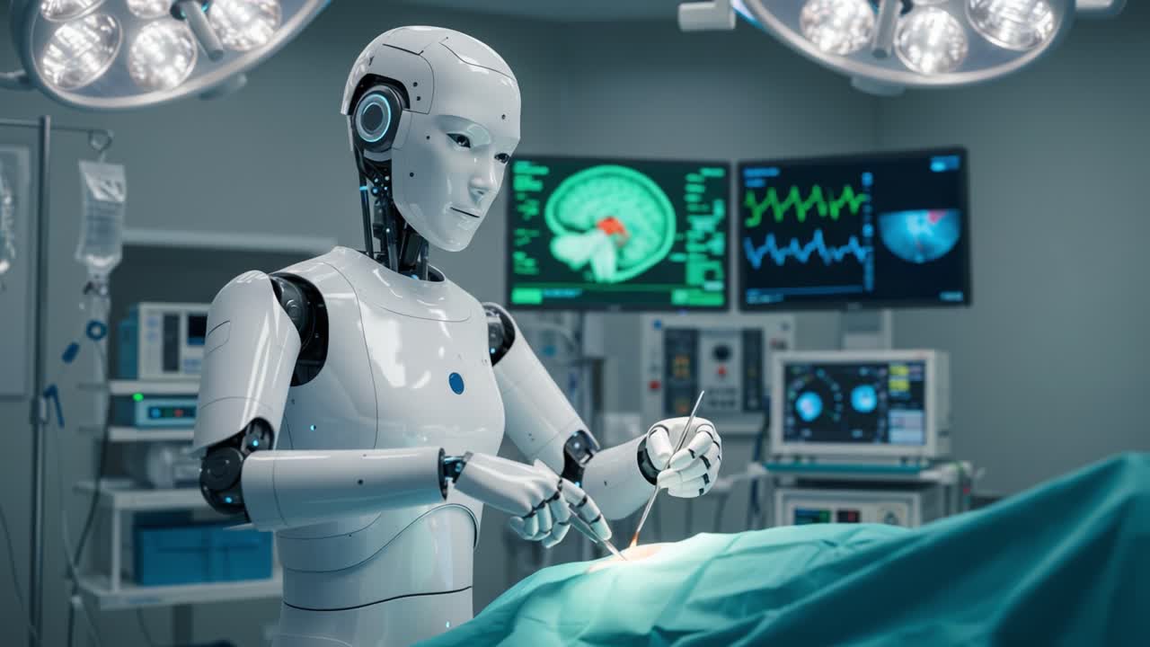 Futuristic Surgery: A Highly Advanced Robot Performs Surgery with Precision in a Cutting-Edge Medical Environment, Showcasing the Intersection of Technology and Healthcare