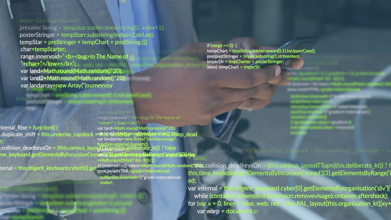 Animation of computer language over african american businessman using cellphone
