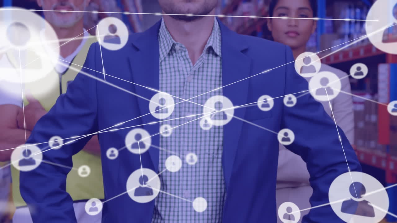 red de iconos de perfil sobre el retrato de supervisores masculinos y femeninos y trabajadores masculinos en el almacén