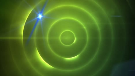 Digital-animation-of-blue-spot-of-light-against-green-spiral-light-trails-on-black-background