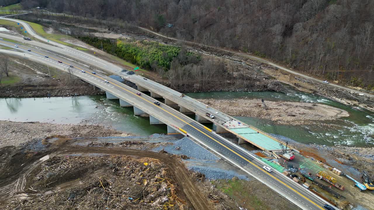 4K Aerial Drone Video of Bridge Being Repaired on Interstate 26 in Erwin, TN Damaged by Flooding of Nolichucky River after Hurricane Helene (2024)