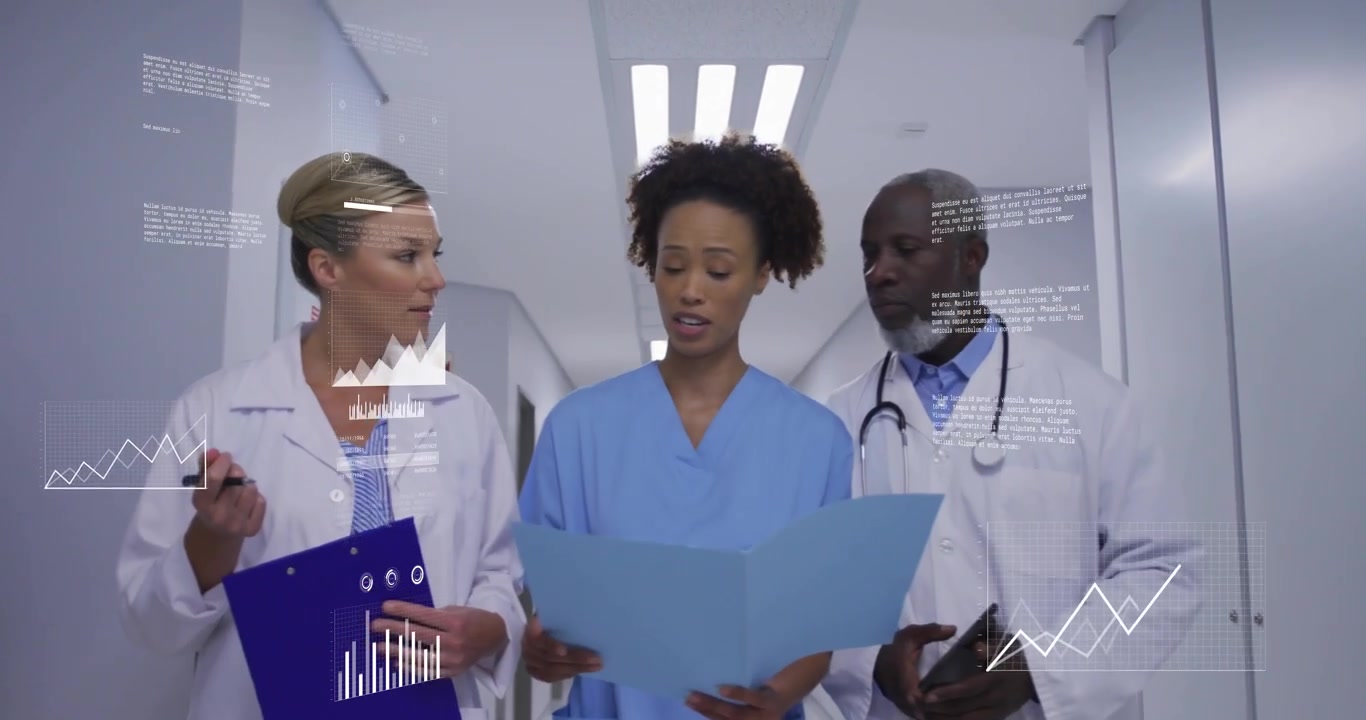 Nurse opening folder and reviewing data as medical team walking with chart holograms flickering