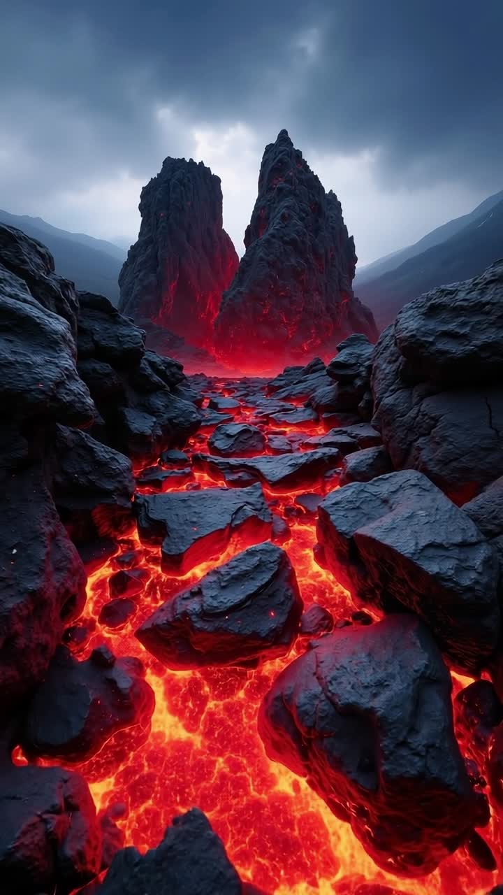 A lava field with rocks and lava flowing into the ocean