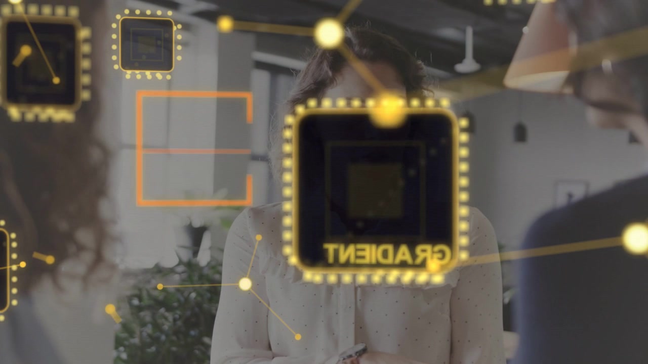 Central woman uncrossing arms, explaining data as AR HUD shifts, revealing nodes for tech in office