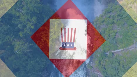 Animation-of-squares-in-red,-white-and-blue-and-flag-of-america-hat-over-forest-and-sea