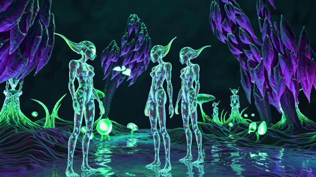 Neon ışıklı bir ormanda üç şeffaf uzaylı figürünün yer aldığı fütüristik video sahnesi