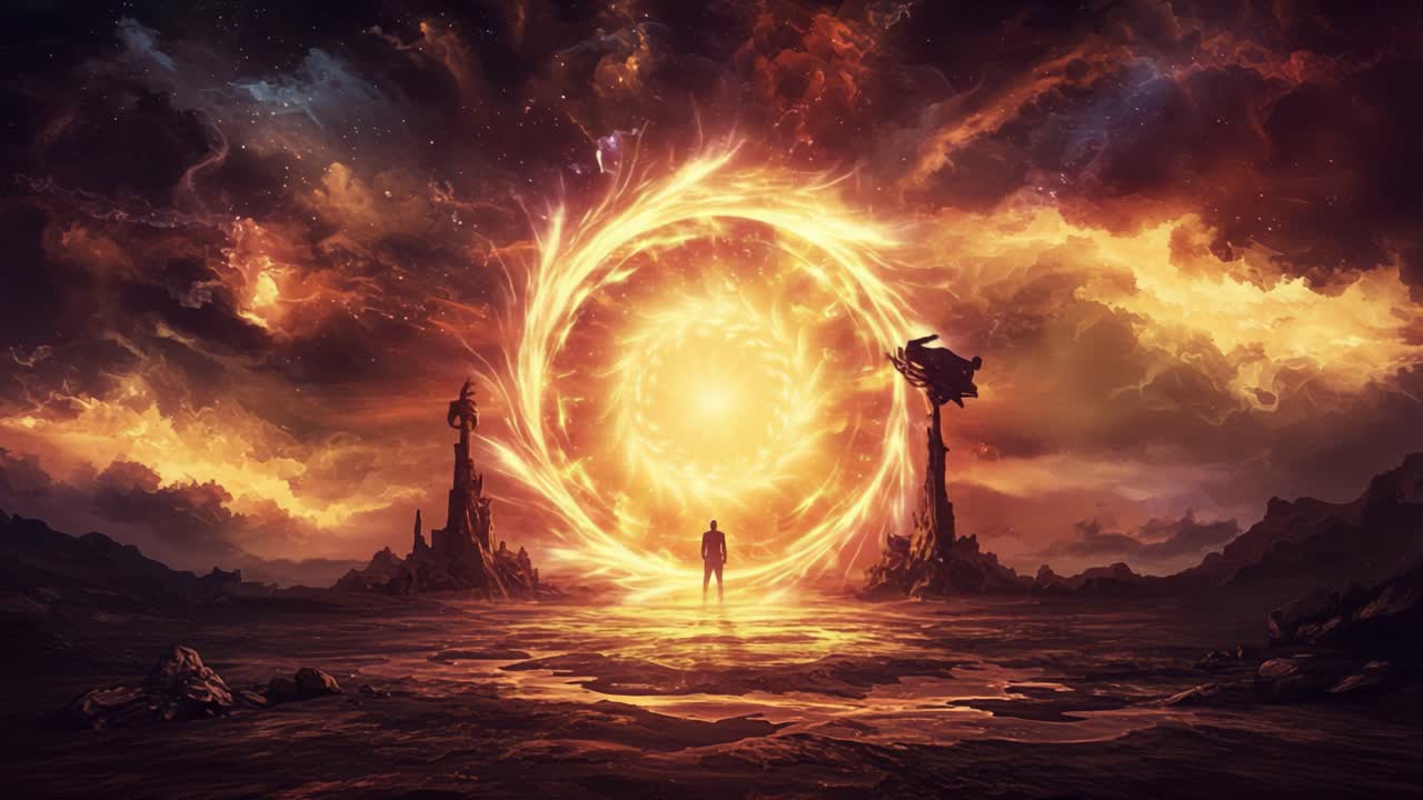 A Mysterious Figure Stands Before a Fiery Portal, Illuminated by Brilliant Colors and Surrounded by Breathtaking Landscapes in a Stunning Cosmic Scene