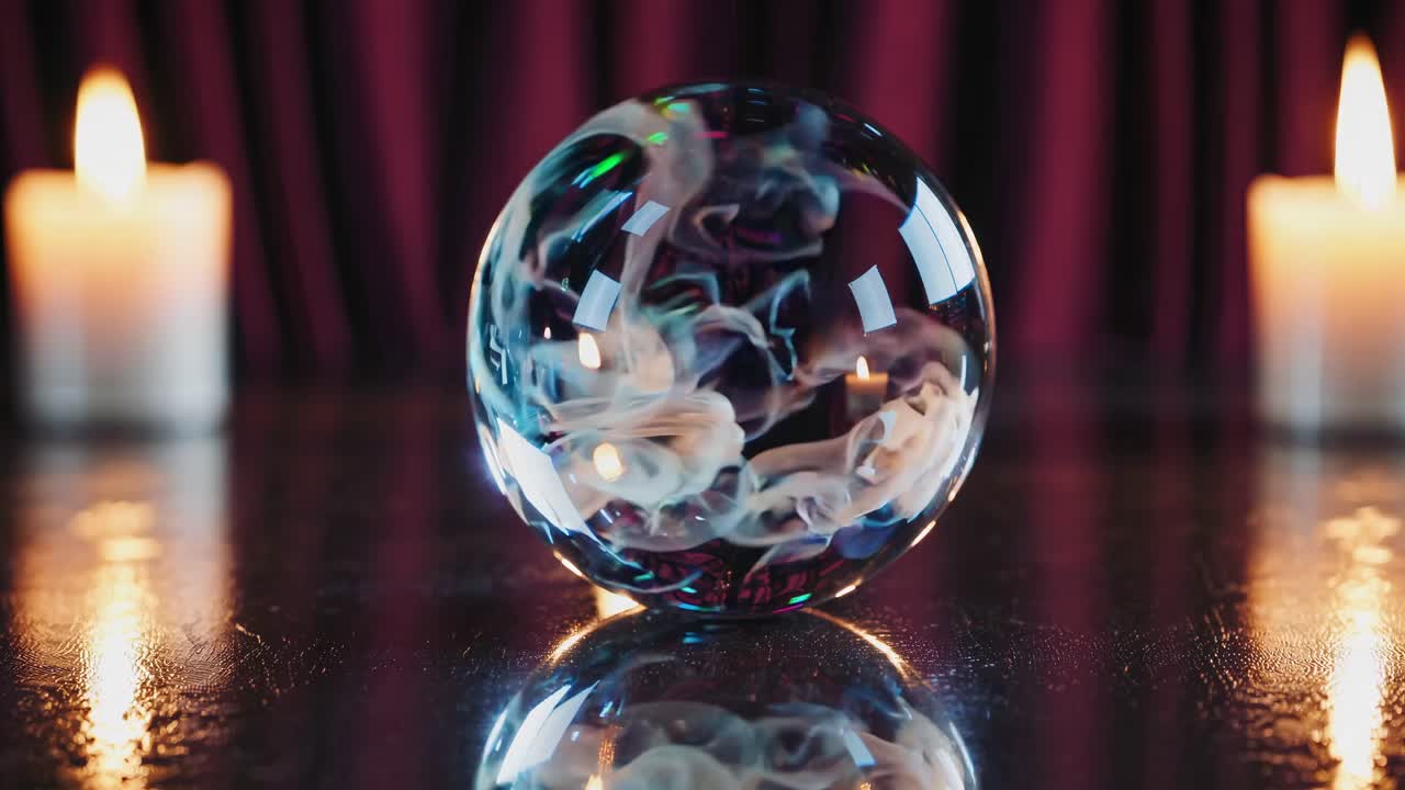 A mystical video scene with a low-angle shot of a crystal ball reflecting candlelight and swirling