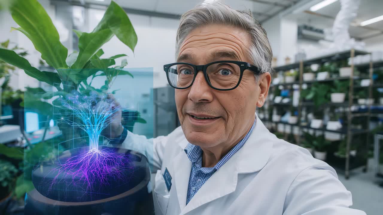 Gesturing scientist in lab coat explaining holo network appearing above plant pot in greenhouse