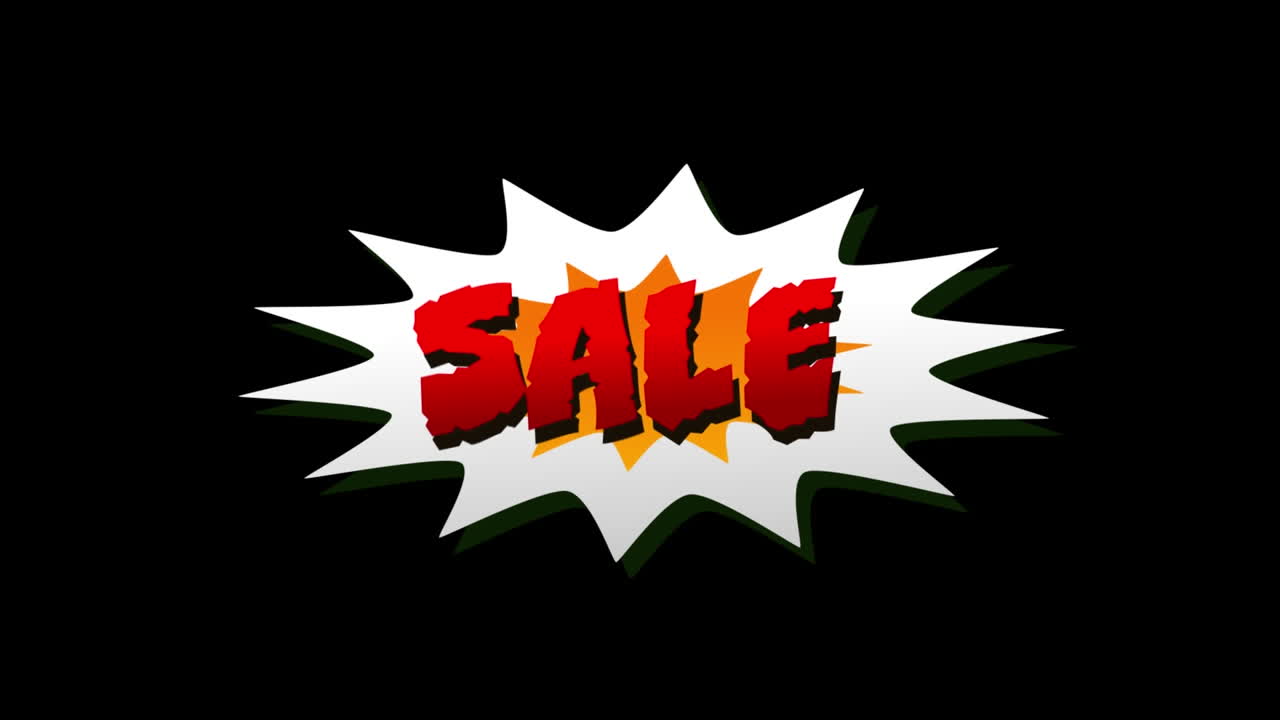 animación de texto de venta sobre burbuja de habla retro en fondo negro