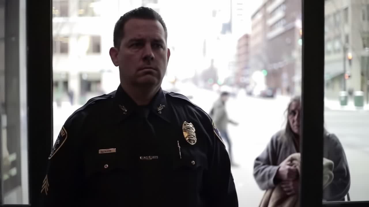 A tense moment unfolds as a police officer stands guard in front of a window while a distressed individual looks on, highlighting the gravity of the situation outside.