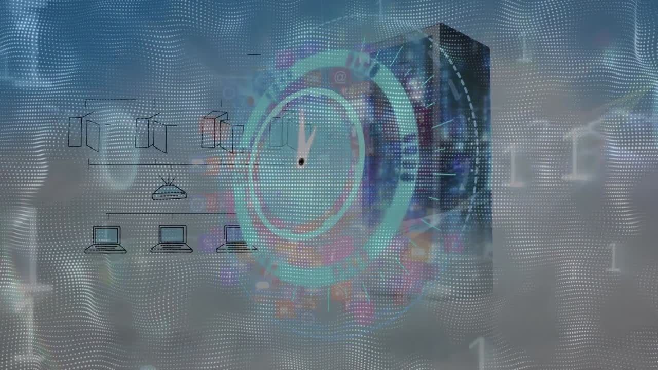 animación de reloj y código binario en el servidor y las nubes