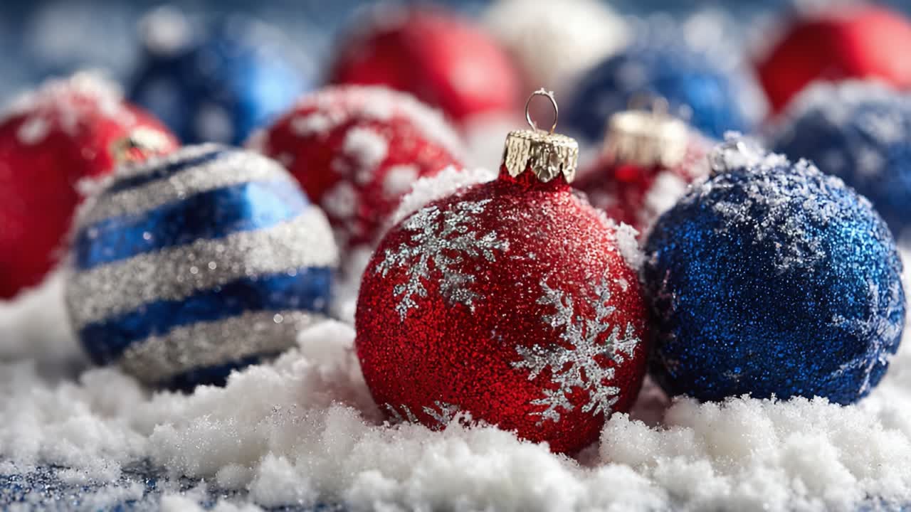 A Close-Up View of Vibrantly Colored Christmas Ornaments Nestled in a Layer of Soft, White Snow, Capturing the Spirit of the Holiday Season in Stunning Detail