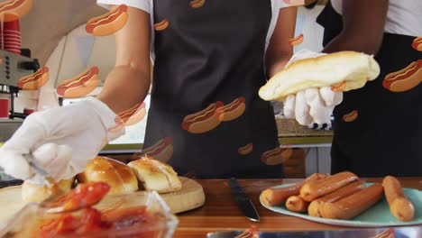 Animation-Von-Hotdogs-über-Lebensmittelverkäufern,-Die-Essen-Für-Kunden-Zubereiten