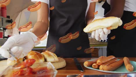 animación de perritos calientes sobre vendedores de alimentos que preparan comida para el cliente