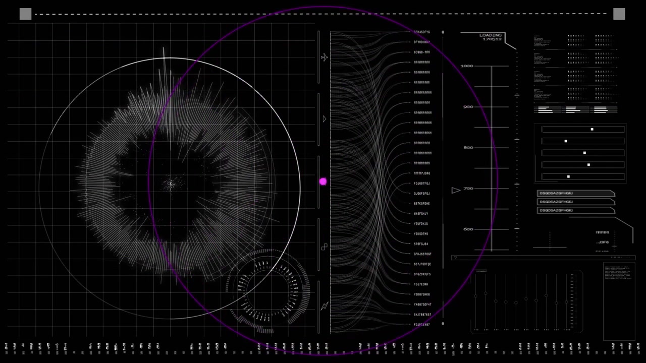 Animation of purple lines and circles moving over black interface with data processing