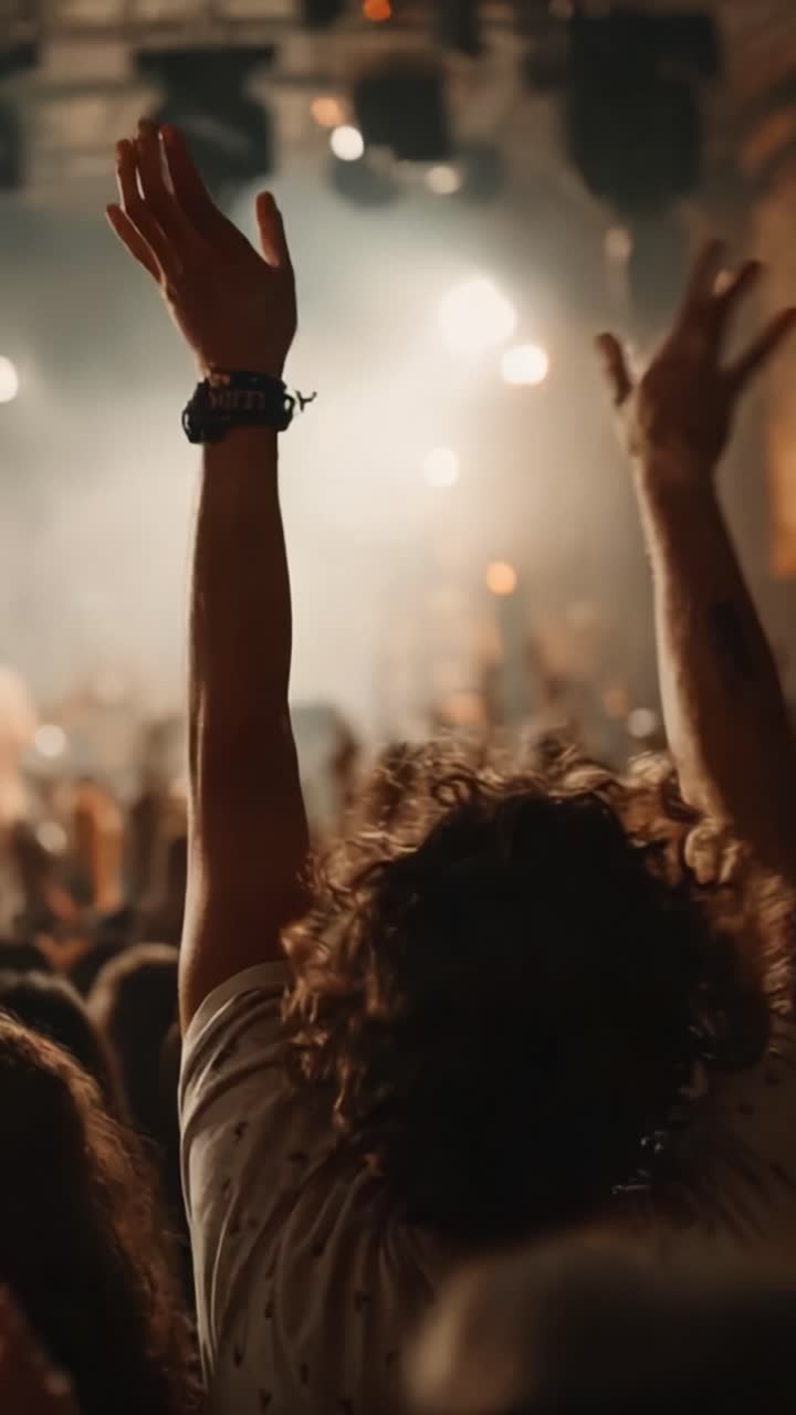 Una folla di fan entusiasti alza le mani emozionati durante un concerto dal vivo, celebrando l'energia e l'atmosfera della performance