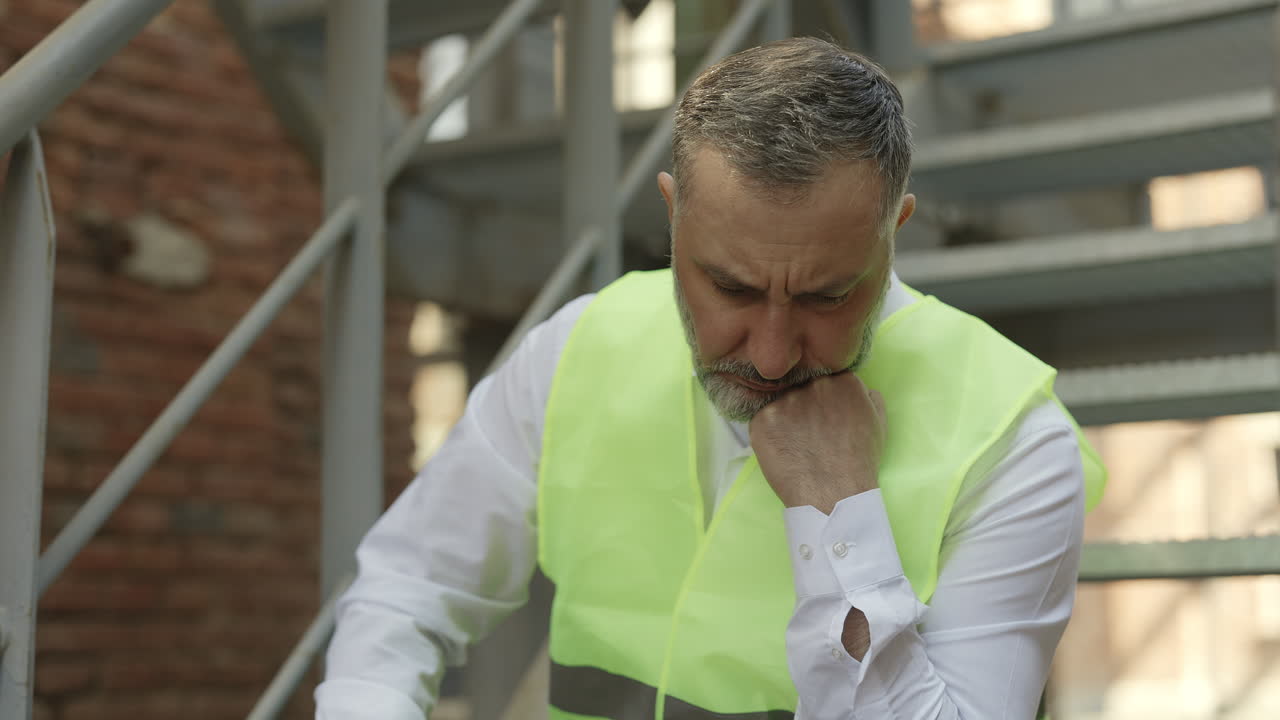 Construction worker looking distressed