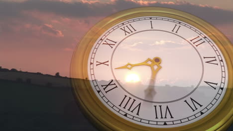 reloj de números romanos sobre la puesta del sol