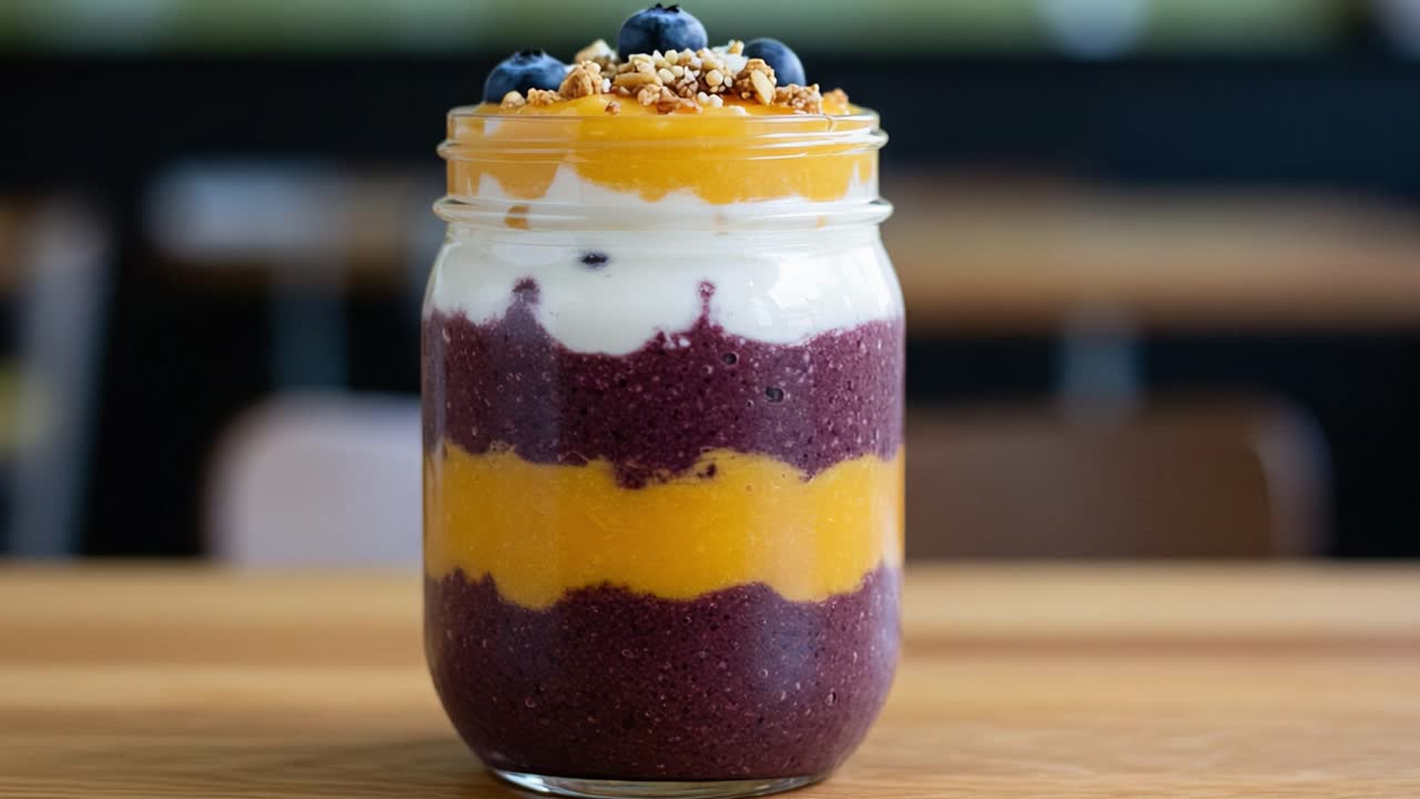 Colorato smoothie a strati in barattolo con mirtilli, granola e yogurt cremoso che unisce sapori salutari per una coccola rinfrescante e nutriente