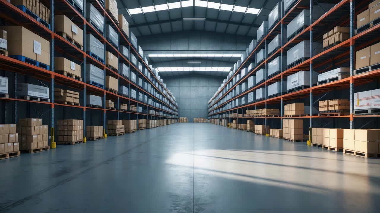 Large Empty Warehouse with Rows of Storage Shelves Filled with Boxes