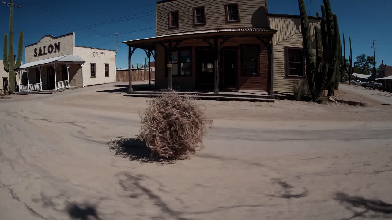 Un rotolacampo che rotola lungo una strada polverosa in una vecchia città western.