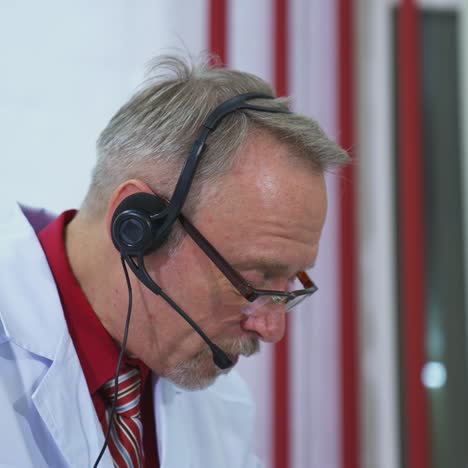 senior physician talks to camera consulting patient online in web chat. old adult male doctor wears white medical coat and headset makes distant video call. telemedicine concept.