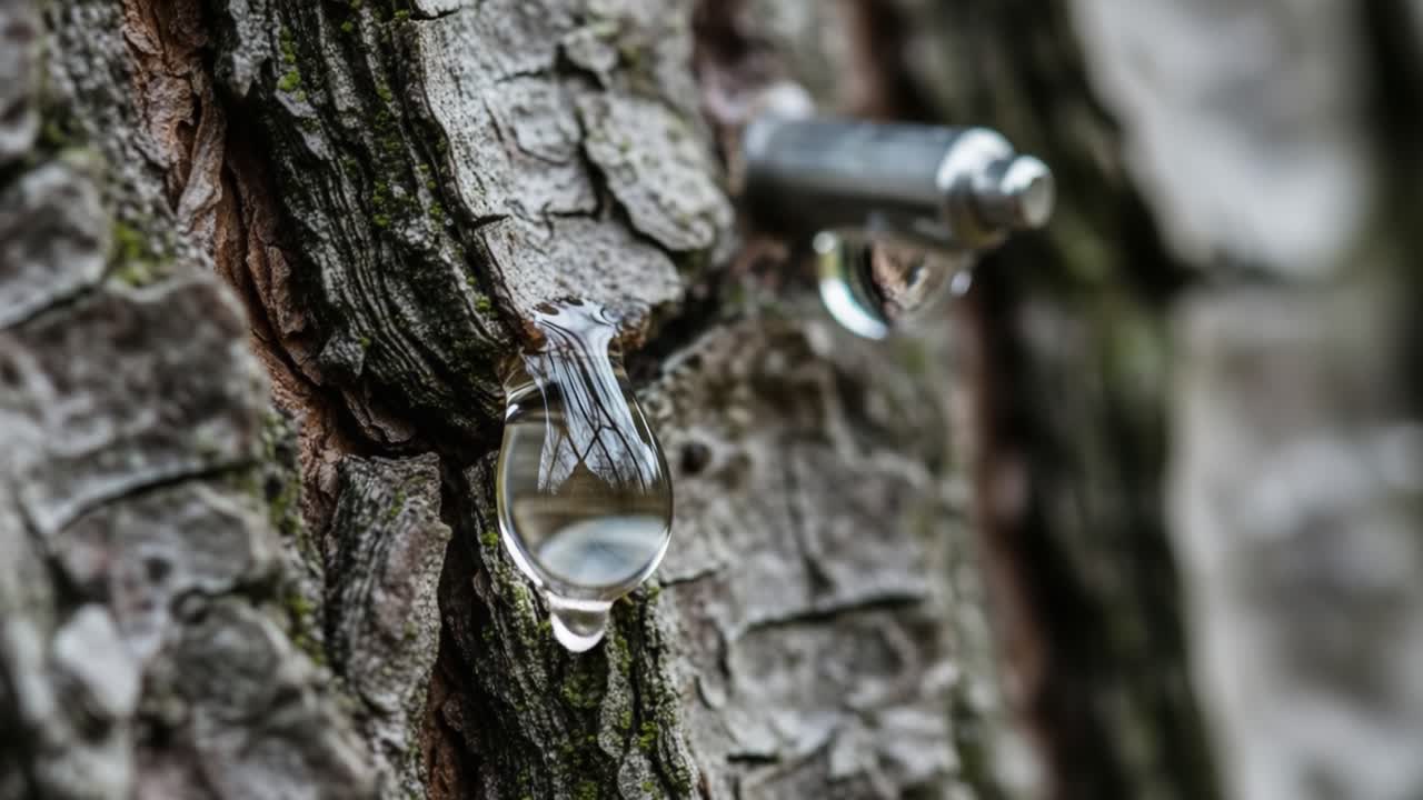 Captivating close-up of a tree trunk with sap dripping from a tap, showcasing the natural beauty and intricate textures of bark and fluid