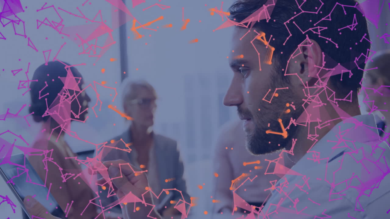 Collaborating with digital network overlay, business professionals in office setting