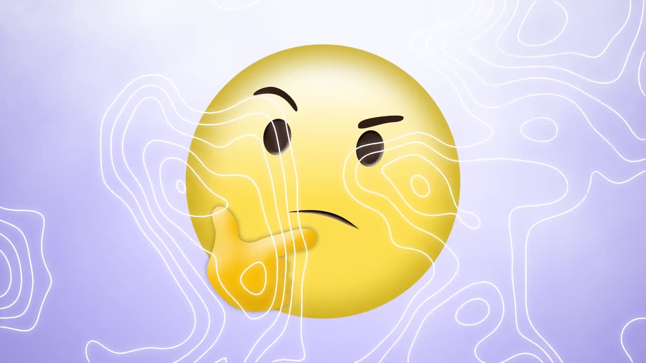 animación de líneas de contorno blancas moviéndose sobre emoji de pensamiento desconcertado en fondo lila