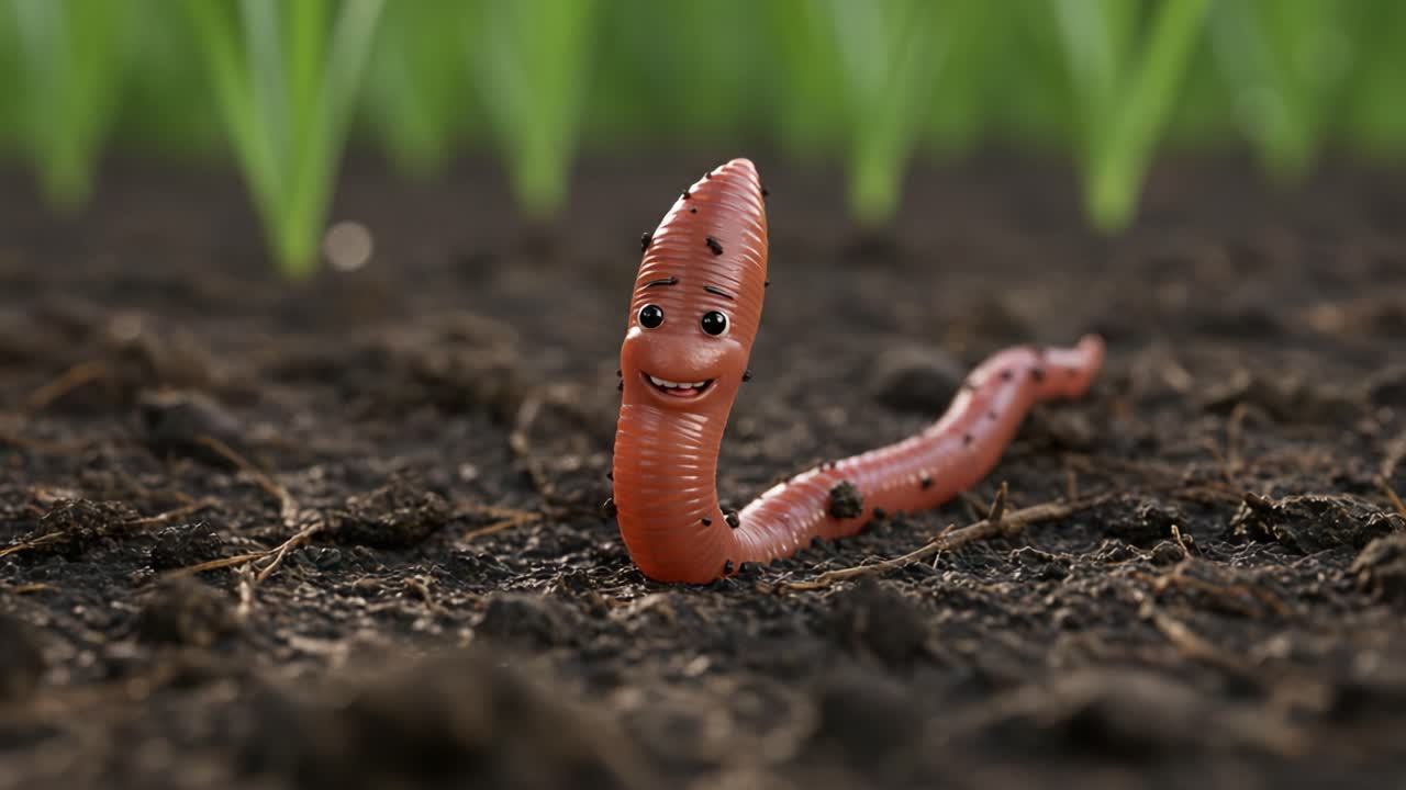 A Cheerful Cartoon Worm Enjoying Its Time in the Soil, Surrounded by Lush Green Plants, Illustrating the Joy of Nature and Life Underneath the Ground Surface