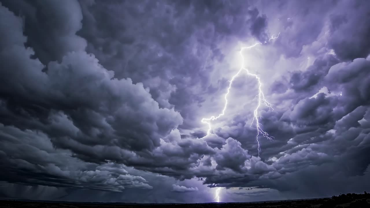 Dramatic video of a lightning storm with a low-angle view, capturing dark, swirling clouds