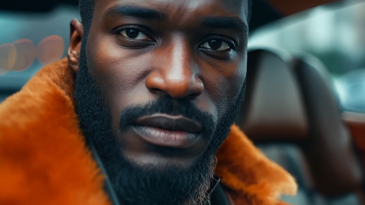 털 코트를 입은 차에 앉아 있는 수염을 가진 남자