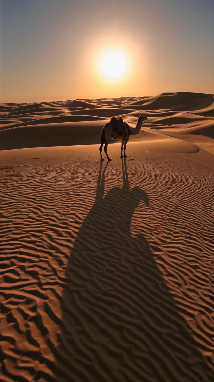 A camel casts a long shadow on rippled desert sand at sunset. Captured from a low angle, this video
