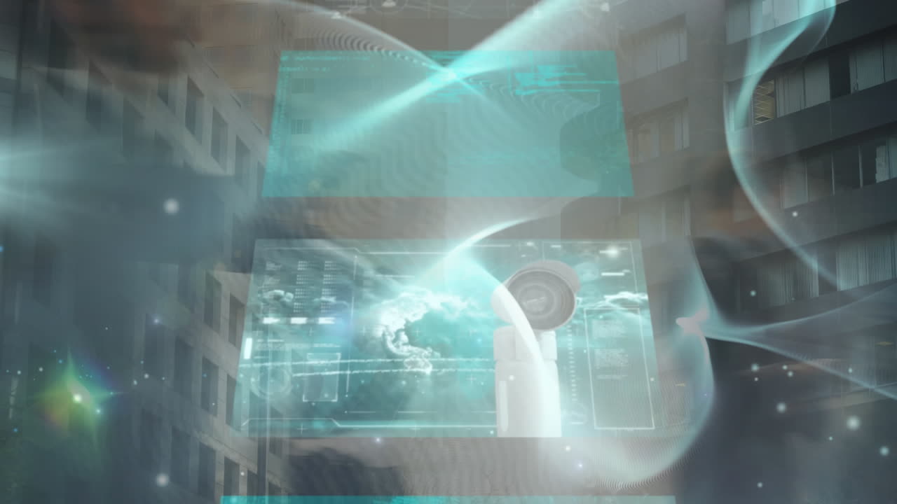 animación del procesamiento de datos en pantallas sobre peatones que caminan en movimiento rápido